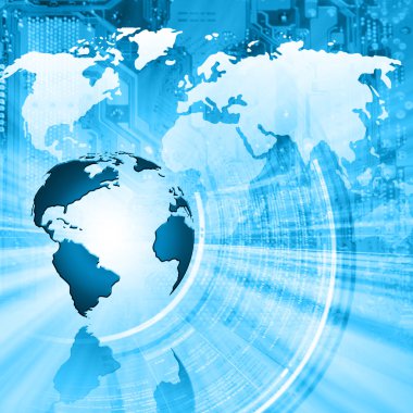 Global iş dünyasının en iyi internet kavramı. Küre, teknolojik arka planda parlayan çizgiler. Elektronik, Wi-Fi, ışınları, sembolleri İnternet, televizyon, mobil ve uydu iletişimi