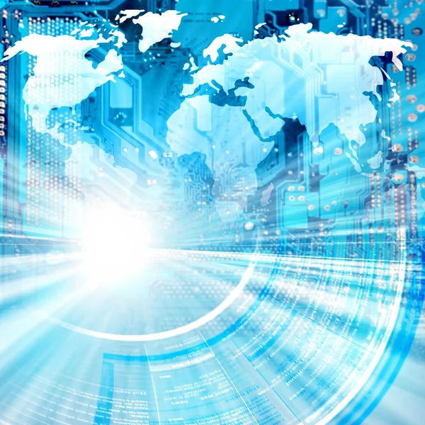 Карта мира на технологическом фоне, светящиеся линии символов Интернета, радио, телевидения, мобильной и спутниковой связи. Лучший интернет-проект глобального бизнеса — стоковое фото