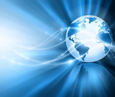 Global iş dünyasının en iyi internet kavramı. Küre, teknolojik arka planda parlayan çizgiler. Elektronik, Wi-Fi, ışınları, sembolleri İnternet, televizyon, mobil ve uydu iletişimi