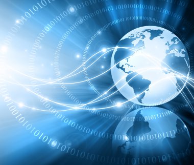 Global iş dünyasının en iyi internet kavramı. Küre, teknolojik arka planda parlayan çizgiler. Elektronik, Wi-Fi, ışınları, sembolleri İnternet, televizyon, mobil ve uydu iletişimi