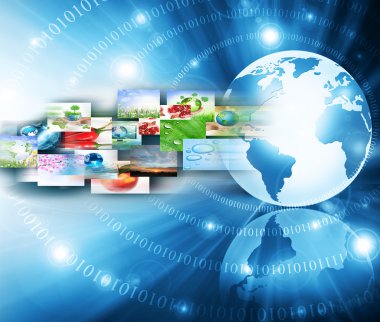 Global iş dünyasının en iyi internet kavramı. Küre, teknolojik arka planda parlayan çizgiler. Elektronik, Wi-Fi, ışınları, sembolleri İnternet, televizyon, mobil ve uydu iletişimi