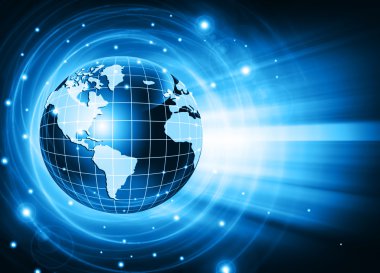 Global iş dünyasının en iyi internet kavramı. Küre, teknolojik arka planda parlayan çizgiler. Elektronik, Wi-Fi, ışınları, sembolleri İnternet, televizyon, mobil ve uydu iletişimi