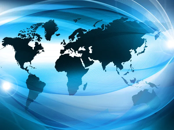 Mapa del mundo sobre un fondo tecnológico, líneas brillantes símbolos de Internet, radio, televisión, comunicaciones móviles y por satélite. Mejor Concepto de Internet de los negocios globales — Foto de Stock