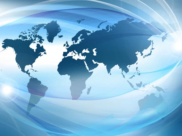 Weltkarte auf einem technologischen Hintergrund, glühende Linien Symbole des Internets, Radio, Fernsehen, Mobilfunk und Satellitenkommunikation. Bestes Internet-Konzept des globalen Geschäfts — Stockfoto