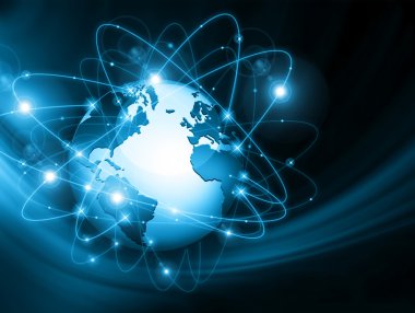 Global iş dünyasının en iyi internet kavramı. Küre, teknolojik arka planda parlayan çizgiler. Elektronik, Wi-Fi, ışınları, sembolleri İnternet, televizyon, mobil ve uydu iletişimi