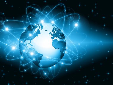 Global iş dünyasının en iyi internet kavramı. Küre, teknolojik arka planda parlayan çizgiler. Elektronik, Wi-Fi, ışınları, sembolleri İnternet, televizyon, mobil ve uydu iletişimi