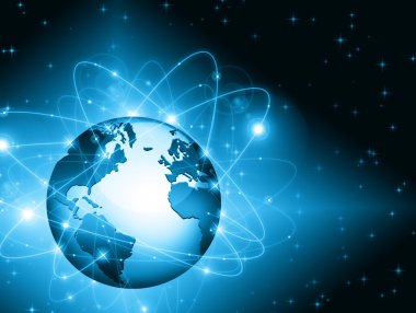 Global iş dünyasının en iyi internet kavramı. Küre, teknolojik arka planda parlayan çizgiler. Elektronik, Wi-Fi, ışınları, sembolleri İnternet, televizyon, mobil ve uydu iletişimi