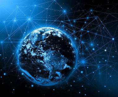 Global iş dünyasının en iyi internet kavramı. Küre, teknolojik arka planda parlayan çizgiler. Elektronik, Wi-Fi, ışınları, sembolleri İnternet, televizyon, mobil ve uydu iletişimi