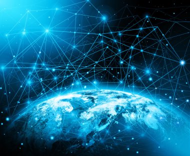 Global iş dünyasının en iyi internet kavramı. Küre, teknolojik arka planda parlayan çizgiler. Elektronik, Wi-Fi, ışınları, sembolleri İnternet, televizyon, mobil ve uydu iletişimi