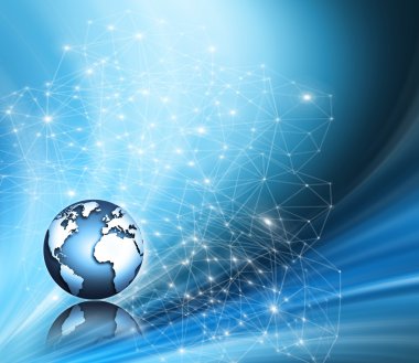 Global iş dünyasının en iyi internet kavramı. Küre, teknolojik arka planda parlayan çizgiler. Elektronik, Wi-Fi, ışınları, sembolleri İnternet, televizyon, mobil ve uydu iletişimi