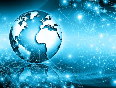 Global iş dünyasının en iyi internet kavramı. Küre, teknolojik arka planda parlayan çizgiler. Elektronik, Wi-Fi, ışınları, sembolleri İnternet, televizyon, mobil ve uydu iletişimi