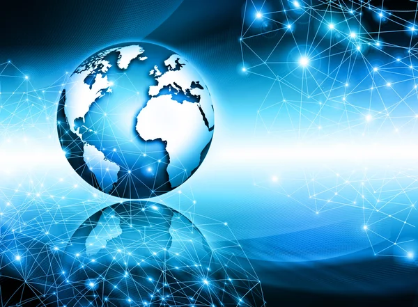 Global iş dünyasının en iyi internet kavramı. Küre, teknolojik arka planda parlayan çizgiler. Elektronik, Wi-Fi, ışınları, sembolleri İnternet, televizyon, mobil ve uydu iletişimi