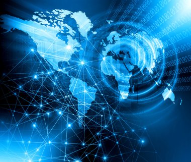 Global iş dünyasının en iyi internet kavramı. Küre, teknolojik arka planda parlayan çizgiler. Elektronik, Wi-Fi, ışınları, sembolleri İnternet, televizyon, mobil ve uydu iletişimi