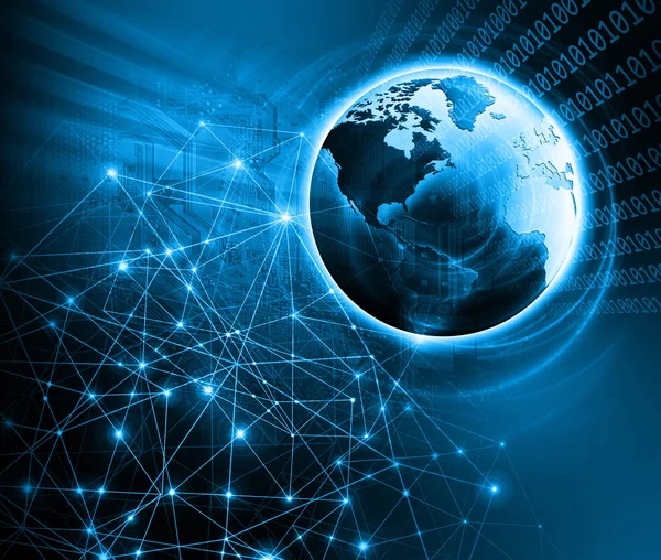 Global iş dünyasının en iyi internet kavramı. Küre, teknolojik arka planda parlayan çizgiler. Elektronik, Wi-Fi, ışınları, sembolleri İnternet, televizyon, mobil ve uydu iletişimi — Stok fotoğraf
