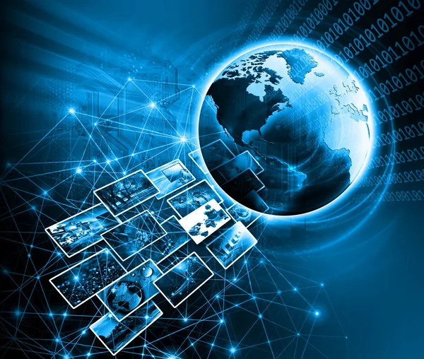 Mejor Concepto de Internet de los negocios globales. Globo, líneas brillantes en el fondo tecnológico. Electrónica, Wi-Fi, rayos, símbolos Internet, televisión, comunicaciones móviles y por satélite —  Fotos de Stock