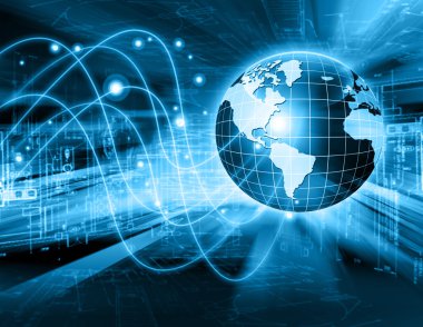 Global iş dünyasının en iyi internet kavramı. Küre, teknolojik arka planda parlayan çizgiler. Elektronik, Wi-Fi, ışınları, sembolleri İnternet, televizyon, mobil ve uydu iletişimi