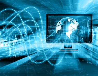 Global iş dünyasının en iyi internet kavramı. Küre, teknolojik arka planda parlayan çizgiler. Elektronik, Wi-Fi, ışınları, sembolleri İnternet, televizyon, mobil ve uydu iletişimi