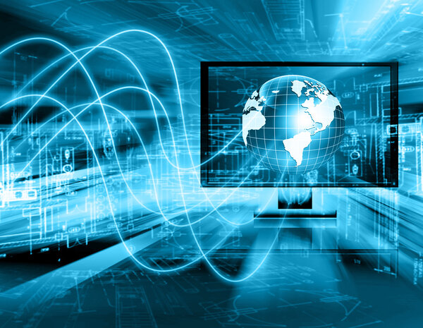 Лучший интернет-проект глобального бизнеса. Глобус, светящиеся линии на технологическом фоне. Электроника, Wi-Fi, лучи, символы Интернет, телевидение, мобильная и спутниковая связь
