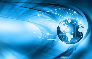 Global iş dünyasının en iyi internet kavramı. Küre, teknolojik arka planda parlayan çizgiler. Elektronik, Wi-Fi, ışınları, sembolleri İnternet, televizyon, mobil ve uydu iletişimi