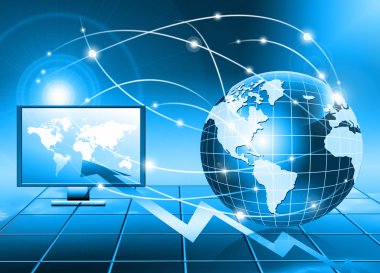 Global iş dünyasının en iyi internet kavramı. Küre, teknolojik arka planda parlayan çizgiler. Elektronik, Wi-Fi, ışınları, sembolleri İnternet, televizyon, mobil ve uydu iletişimi