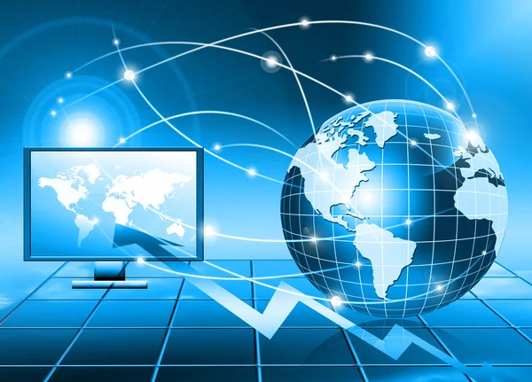 Mejor Concepto de Internet de los negocios globales. Globo, líneas brillantes en el fondo tecnológico. Electrónica, Wi-Fi, rayos, símbolos Internet, televisión, comunicaciones móviles y por satélite —  Fotos de Stock