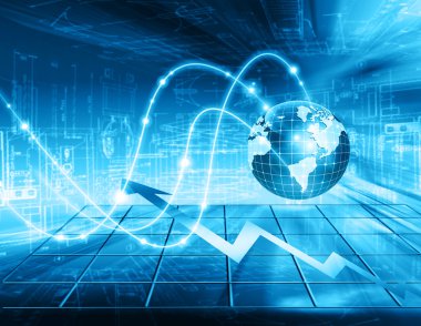 Global iş dünyasının en iyi internet kavramı. Küre, teknolojik arka planda parlayan çizgiler. Elektronik, Wi-Fi, ışınları, sembolleri İnternet, televizyon, mobil ve uydu iletişimi