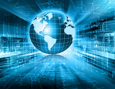 Global iş dünyasının en iyi internet kavramı. Küre, teknolojik arka planda parlayan çizgiler. Elektronik, Wi-Fi, ışınları, sembolleri İnternet, televizyon, mobil ve uydu iletişimi