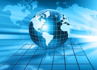Global iş dünyasının en iyi internet kavramı. Küre, teknolojik arka planda parlayan çizgiler. Elektronik, Wi-Fi, ışınları, sembolleri İnternet, televizyon, mobil ve uydu iletişimi