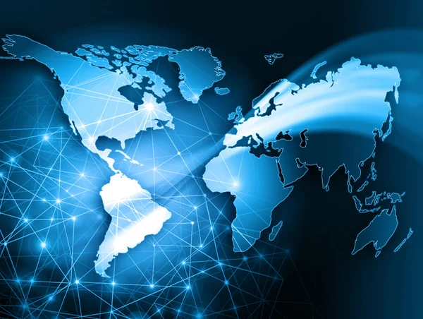 Mappa del mondo su sfondo tecnologico, linee luminose simboli di Internet, radio, televisione, comunicazioni mobili e satellitari. Miglior concetto Internet di business globale — Foto Stock