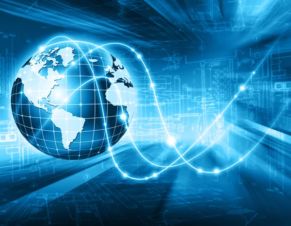 Найкраща інтернет-концепція глобального бізнесу. Глобус, світячі лінії на технологічному фоні. Електроніка, Wi-Fi, промені, символи Інтернету, телебачення, мобільних і супутникових комунікацій — стокове фото