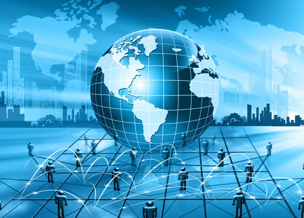 A legjobb internetes koncepció a globális üzletről. Globe, ragyogó vonalak technológiai háttérrel. Elektronika, Wi-Fi, sugarak, szimbólumok Internet, televízió, mobil és műholdas kommunikáció — Stock Fotó