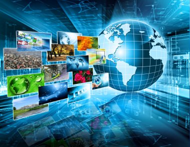 Global iş dünyasının en iyi internet kavramı. Küre, teknolojik arka planda parlayan çizgiler. Elektronik, Wi-Fi, ışınları, sembolleri İnternet, televizyon, mobil ve uydu iletişimi