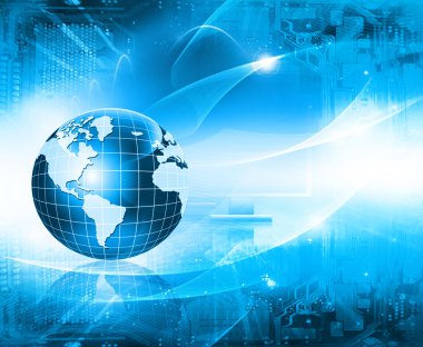 Global iş dünyasının en iyi internet kavramı. Küre, teknolojik arka planda parlayan çizgiler. Elektronik, Wi-Fi, ışınları, sembolleri İnternet, televizyon, mobil ve uydu iletişimi