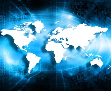 Dünya harita üzerinde teknolojik bir arka plan, parlak çizgiler semboller Internet, radyo, televizyon, telefon ve uydu iletişim. Küresel iş en iyi Internet kavramı