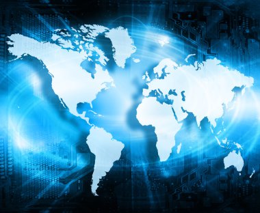 Dünya harita üzerinde teknolojik bir arka plan, parlak çizgiler semboller Internet, radyo, televizyon, telefon ve uydu iletişim. Küresel iş en iyi Internet kavramı