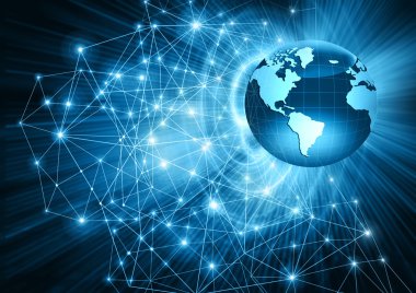 Global iş dünyasının en iyi internet kavramı. Küre, teknolojik arka planda parlayan çizgiler. Elektronik, Wi-Fi, ışınları, sembolleri İnternet, televizyon, mobil ve uydu iletişimi