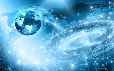 Global iş dünyasının en iyi internet kavramı. Küre, teknolojik arka planda parlayan çizgiler. Elektronik, Wi-Fi, ışınları, sembolleri İnternet, televizyon, mobil ve uydu iletişimi