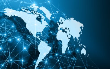 Dünya harita üzerinde teknolojik bir arka plan, parlak çizgiler semboller Internet, radyo, televizyon, telefon ve uydu iletişim. Küresel iş en iyi Internet kavramı