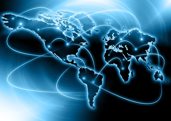 Dünya harita üzerinde teknolojik bir arka plan, parlak çizgiler semboller Internet, radyo, televizyon, telefon ve uydu iletişim. Küresel iş en iyi Internet kavramı — Stok fotoğraf