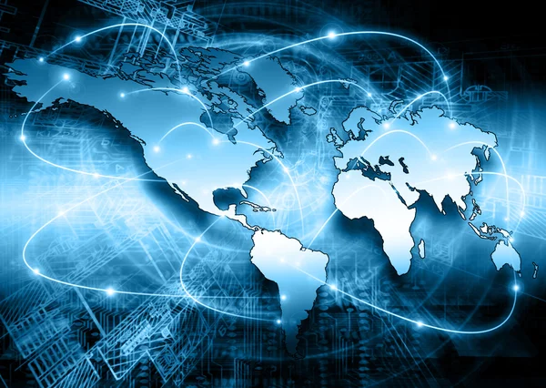 Mapa do mundo sobre um fundo tecnológico, linhas brilhantes símbolos da Internet, rádio, televisão, comunicações móveis e por satélite. Melhor Conceito de Internet de negócios globais — Fotografia de Stock