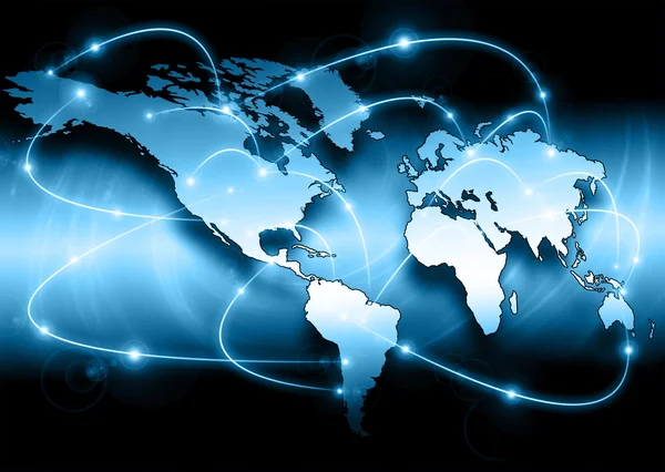 Carte du monde sur un fond technologique, lignes lumineuses symboles de l'Internet, radio, télévision, communications mobiles et par satellite. Meilleur concept Internet des affaires mondiales — Photo