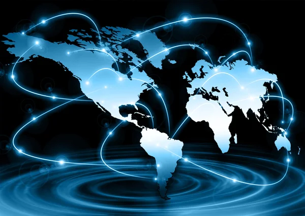 Mapa del mundo sobre un fondo tecnológico, líneas brillantes símbolos de Internet, radio, televisión, comunicaciones móviles y por satélite. Mejor Concepto de Internet de los negocios globales — Foto de Stock