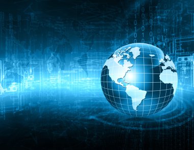 Global iş dünyasının en iyi internet kavramı. Küre, teknolojik arka planda parlayan çizgiler. Elektronik, Wi-Fi, ışınları, sembolleri İnternet, televizyon, mobil ve uydu iletişimi