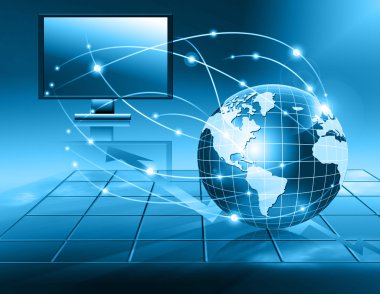 Best Internet Concept of global business. Globe, glowing lines on technological background. Electronics, Wi-Fi, rays, symbols Internet, television, mobile and satellite communications clipart