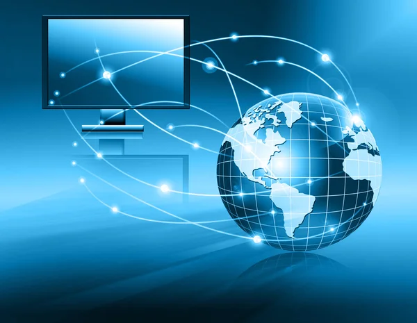 Mejor Concepto de Internet de los negocios globales. Globo, líneas brillantes en el fondo tecnológico. Electrónica, Wi-Fi, rayos, símbolos Internet, televisión, comunicaciones móviles y por satélite —  Fotos de Stock