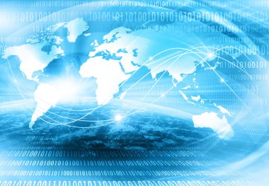 Dünya harita üzerinde teknolojik bir arka plan, parlak çizgiler semboller Internet, radyo, televizyon, telefon ve uydu iletişim. Küresel iş en iyi Internet kavramı