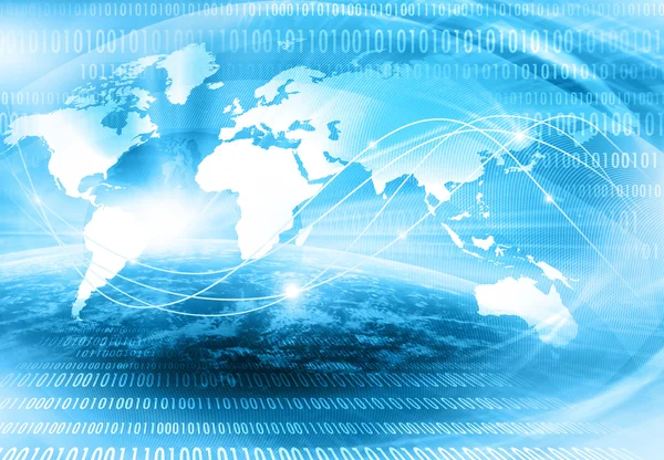 Mapa del mundo sobre un fondo tecnológico, líneas brillantes símbolos de Internet, radio, televisión, comunicaciones móviles y por satélite. Mejor Concepto de Internet de los negocios globales — Foto de Stock