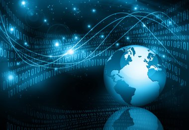 Global iş dünyasının en iyi internet kavramı. Küre, teknolojik arka planda parlayan çizgiler. Elektronik, Wi-Fi, ışınları, sembolleri İnternet, televizyon, mobil ve uydu iletişimi
