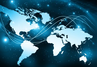 Dünya harita üzerinde teknolojik bir arka plan, parlak çizgiler semboller Internet, radyo, televizyon, telefon ve uydu iletişim. Küresel iş en iyi Internet kavramı