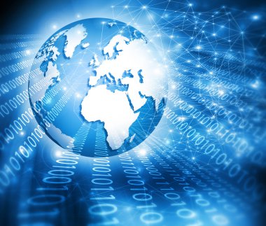 Global iş dünyasının en iyi internet kavramı. Küre, teknolojik arka planda parlayan çizgiler. Elektronik, Wi-Fi, ışınları, sembolleri İnternet, televizyon, mobil ve uydu iletişimi